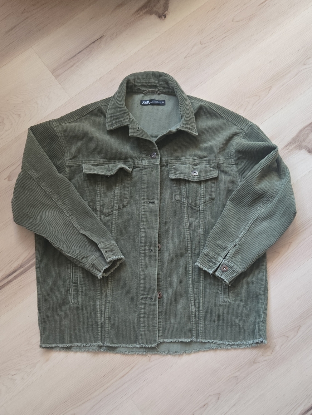 Zara Corduroy Oversized Shirt Jacket, Olive Green, Size Medium